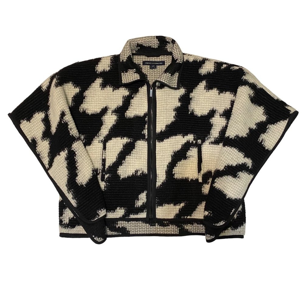 French Connection Black & White Wool Blend Zip Front Poncho S/M - Picture 12 of 16